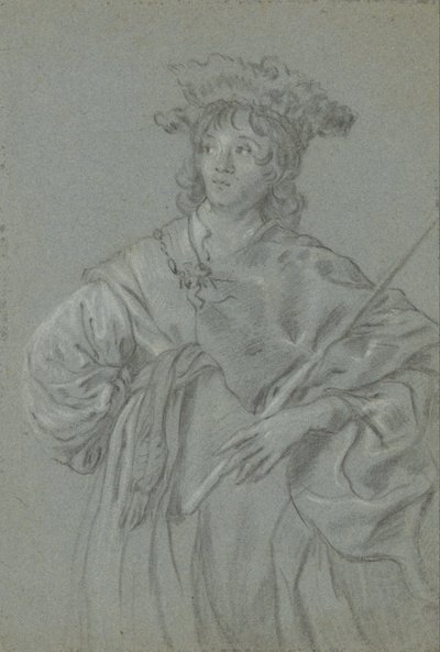 A Young Man with a Fur Hat Holding a Staff (recto); Study of the Head of a Man with a White Collar (detail) by Jacob Adriaensz Backer